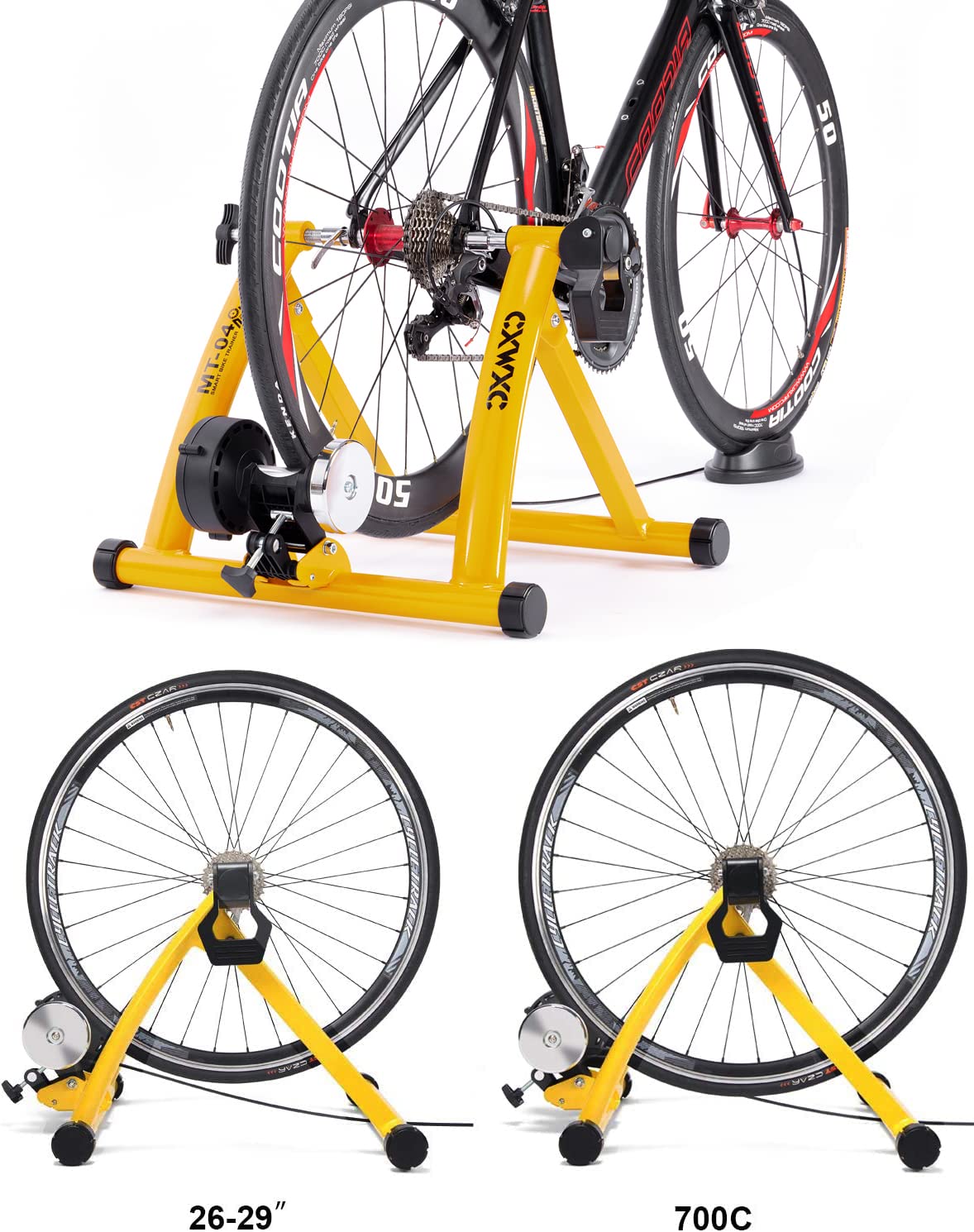 CXWXC Bike Rollentrainer, Foldable Steel Bike Trainer with Quick Release Front Wheel Stand Bicycle Trainer for 26-29 Inch Bike Training Cycling at Home Indoor (26-29, Yellow)