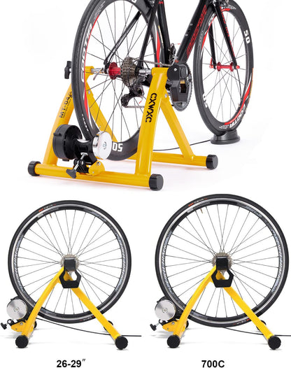CXWXC Bike Rollentrainer, Foldable Steel Bike Trainer with Quick Release Front Wheel Stand Bicycle Trainer for 26-29 Inch Bike Training Cycling at Home Indoor (26-29, Yellow)