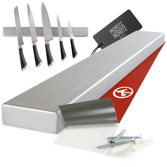 Moritz & Moritz 40cm Self-adhesive Knife Magnetic Strip - Knife Magnetic Strip for Gluing or Drilling - Magnetic Knife Holder made of Stainless Steel - Knife Magnetic Rail for Kitchen Tools and Utensils