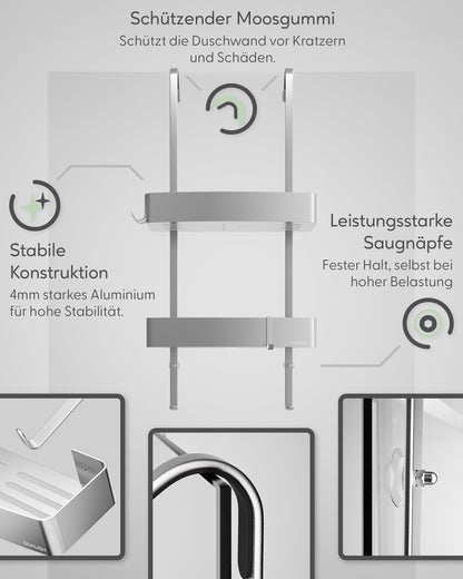 QUALISH® hanging shower caddy - shower shelf to hang on the shower wall - hanging shower basket with glass protection and additional hooks - hanging shower caddy without drilling - silver metallic
