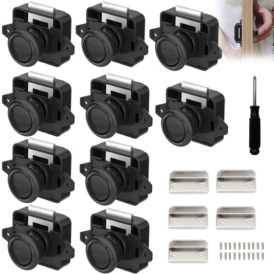 10 pieces of RV locks, Metal Push Button Catch Door Lock Furniture Lock Cabinet Locks Knob Lock Door Latch for RV Caravan Yacht Cabinet Door, Black