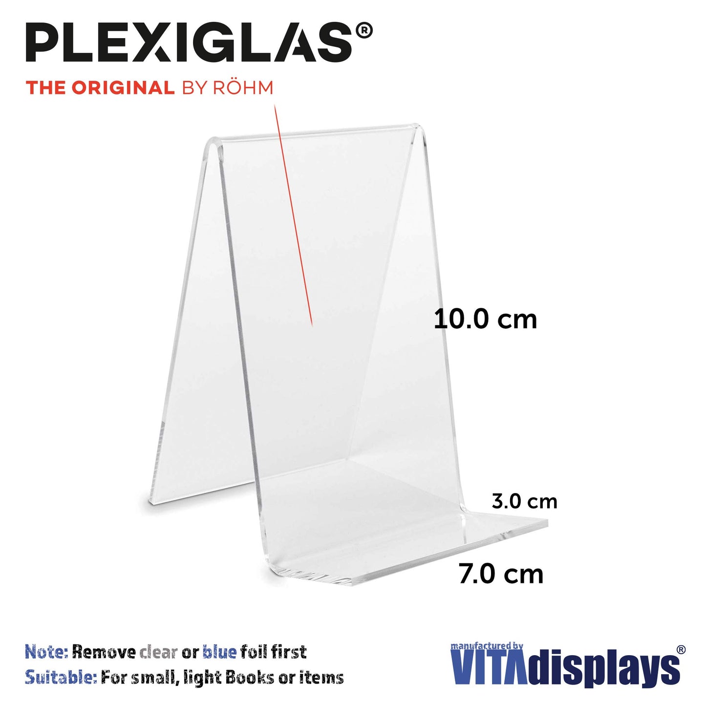 10-pack of bookends/book stands ECO (height: 10.0 cm) Angle book holder for books made of original PLEXIGLAS® (10 pcs.)