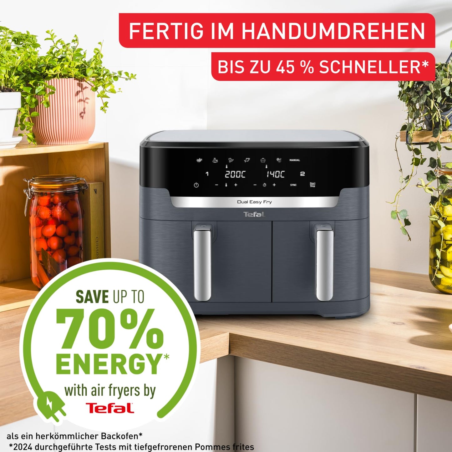 Tefal Dual Easy Fry XXL double-chamber hot air fryer, 11 liter capacity, 6.5L drawer and 4.5L drawer, no additional oil needed, 7 programs, dishwasher safe, grey, EY942BE0