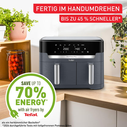 Tefal Dual Easy Fry XXL double-chamber hot air fryer, 11 liter capacity, 6.5L drawer and 4.5L drawer, no additional oil needed, 7 programs, dishwasher safe, grey, EY942BE0