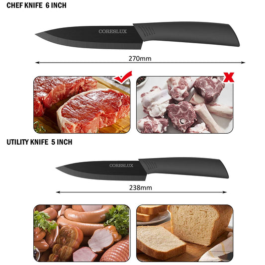 CORESLUX Ceramic Knife Set, 4 Ceramic Kitchen Knives with 1 Peeler, Non-Stick Coating, Sharp, Chef Knife, Ceramic Knife Set for Cutting Fruits Vegetables Meat (Black)