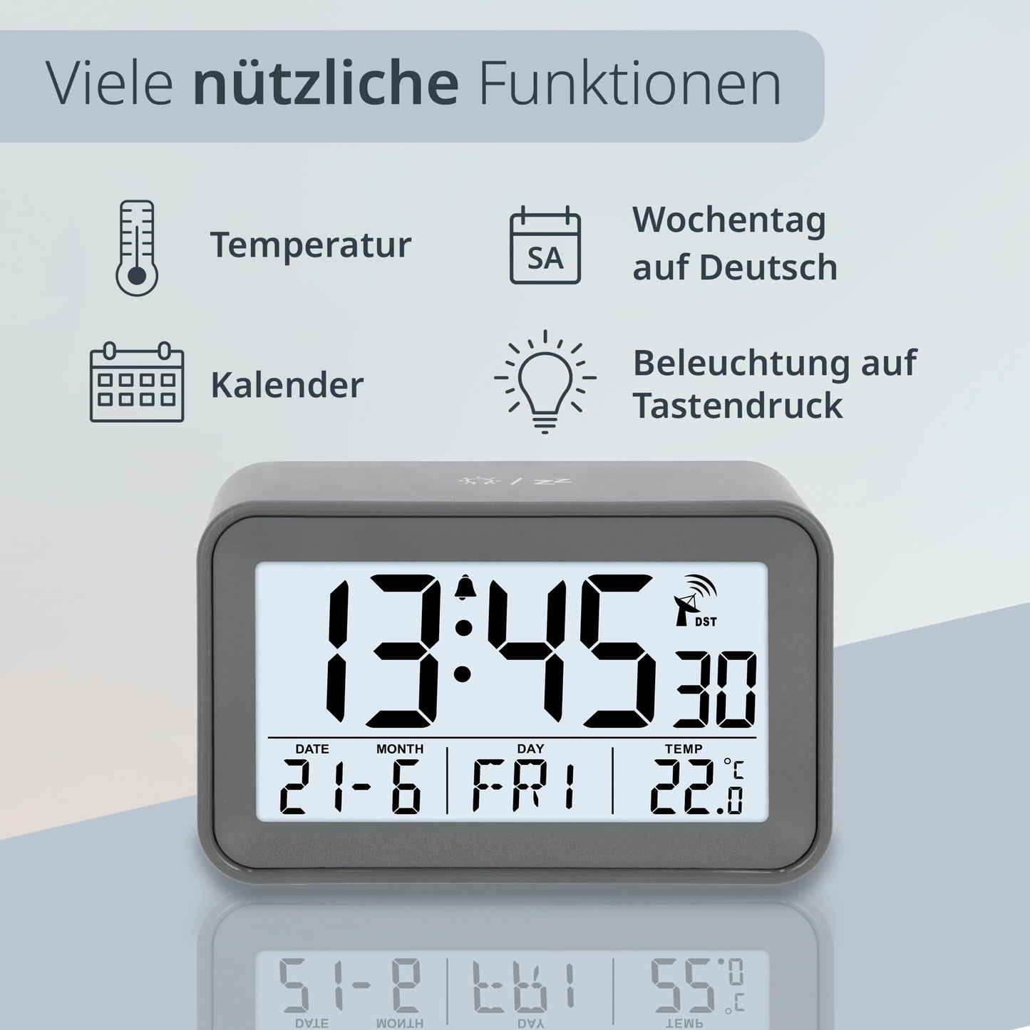 ADE Digital Alarm Clock with Light | Clock with temperature and calendar display | compact travel alarm clock | pretty matte gray case | with battery
