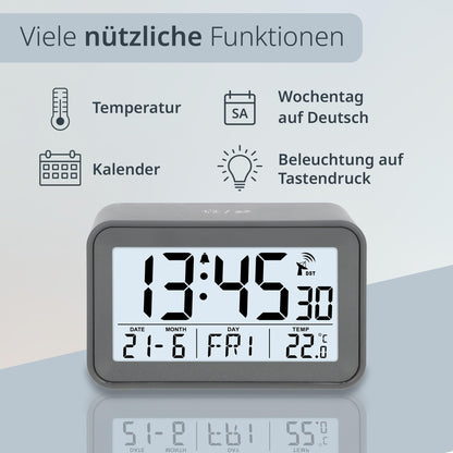 ADE Digital Alarm Clock with Light | Clock with temperature and calendar display | compact travel alarm clock | pretty matte gray case | with battery