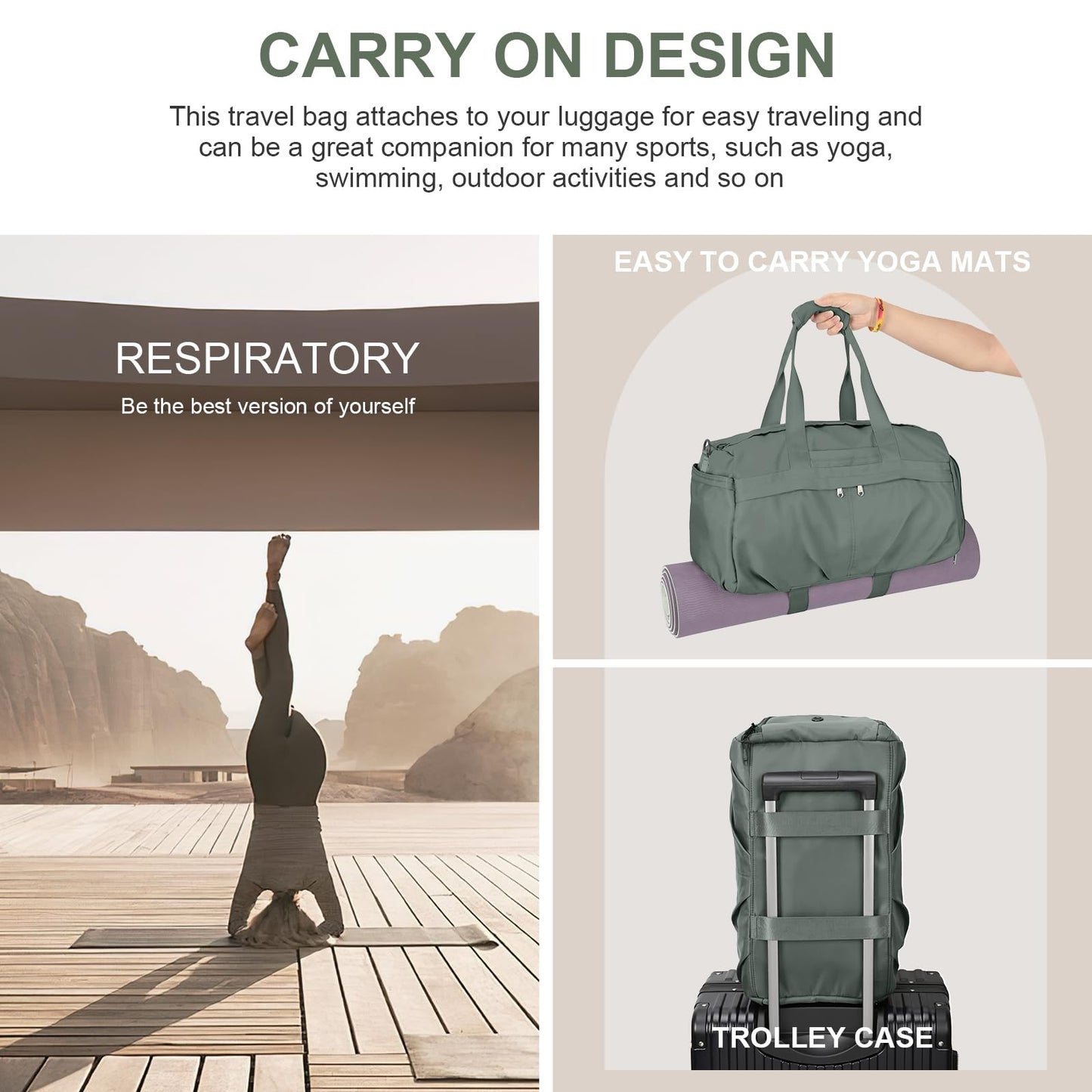 HYC00 Sport Duffel Bag Women's Sports Bag with Shoe Compartment Women's Weekender Travel Bag Carry-on Bag for Airplane Gym Bag Swim Bag Training Bag Overnight Bag, Army Green