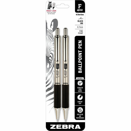 Zebra Pen F-402 Retractable Ballpoint Pen, Stainless Steel Barrel, Fine Point, 0.7mm, Black Ink, 2 Pack