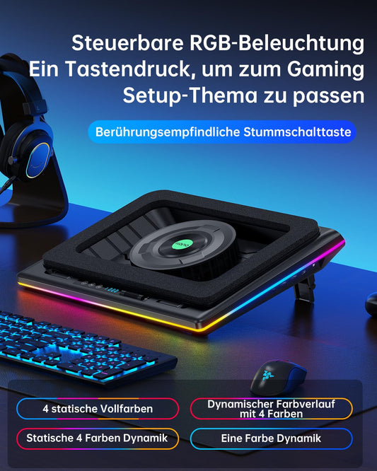 Llano RGB Gaming Laptop Cooler Cooling Pad with Touch Control Stepless Speed & 14cm Extra-Large Powerful Turbo Fan Sealing Foam 3-Port USB Hub for 15-19 Inch Notebook