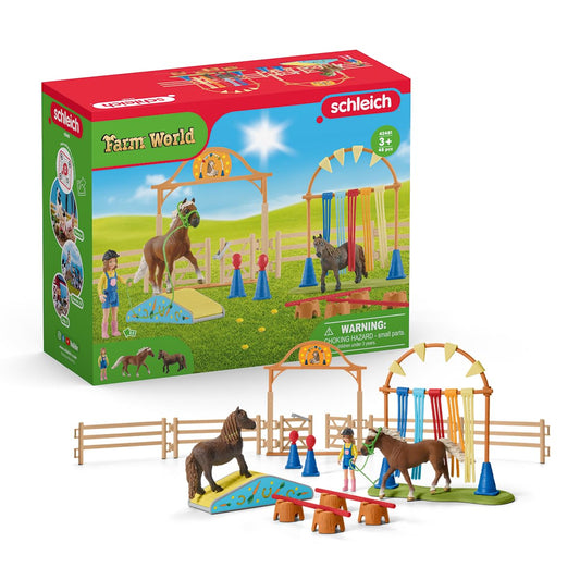Farm World Pony Agility Starter Set 42481 includes 2 ponies, girl, course & accessories. Combine & kid-friendly designed. Farm toy for kids 3+ years. 41 pieces.