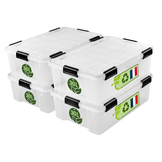 Iris Ohyama airtight plastic storage boxes with lids, 30L, set of 4, Transparent, Hermetic watertight seal, Strong snap locks, Stackable, Dust protection, BPA-free, WSB-30.