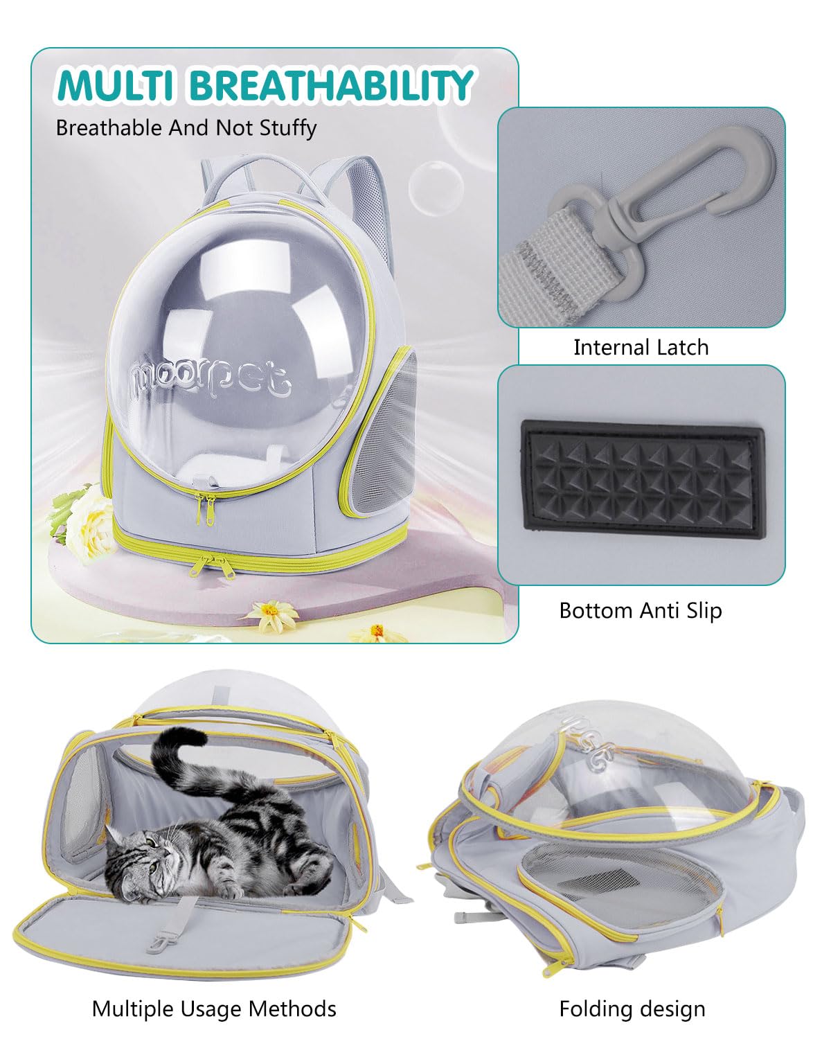 PETCUTE Cat Carrier Backpack, Pet Backpack Space Capsule with Removable Mat, Foldable Backpack for Pets Cats Dogs, Dog Carrier Backpack with Safety Leash for Travel Hiking Camping