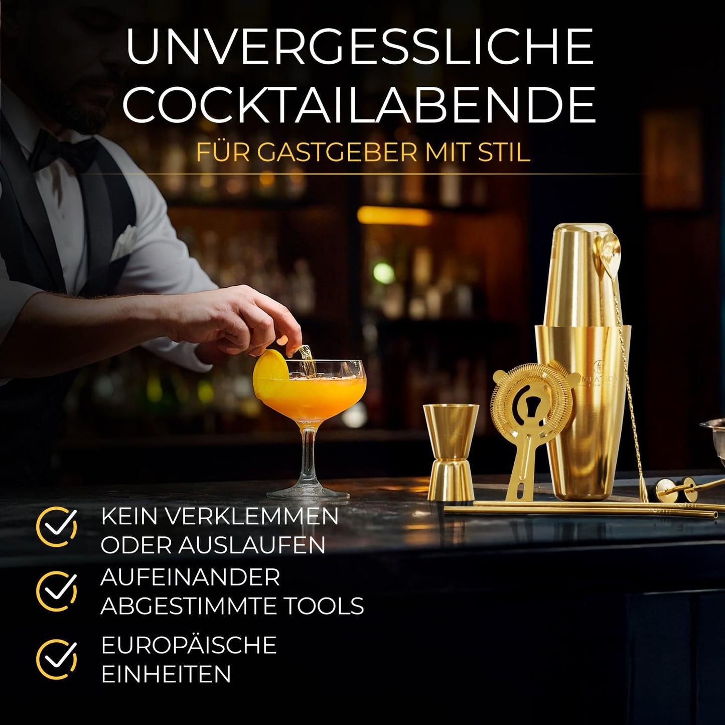 Empation Cocktail Shaker Gold, 8-piece cocktail set - 825ml stainless steel Boston shaker, minimalist cocktail accessories, bar set for beginners & pros, great as a gift.