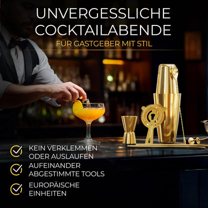 Empation Cocktail Shaker Gold, 8-piece cocktail set - 825ml stainless steel Boston shaker, minimalist cocktail accessories, bar set for beginners & pros, great as a gift.