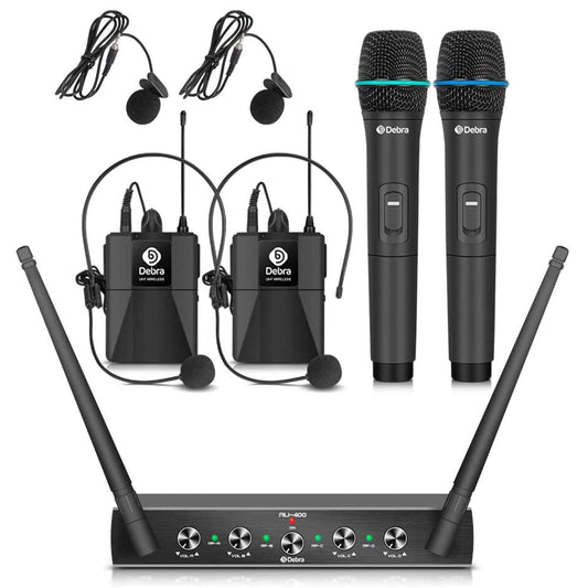 Debra 4 Channel UHF Wireless Microphone Set, AU400 with Handheld Microphone/Bodypack Transmitter/Headset Mic/Lavalier Lapel Mics, for Church, Karaoke, Singing (2 Handheld Mics & 2 Bodypacks (A))