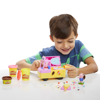 Play-Doh Peppa's Ice Cream Truck Craft Set includes 3 x 56g cans and 2 x 28g cans of modeling compound, Peppa and George figures, and various accessories and molds. Creative fun for kids ages 3 and up.