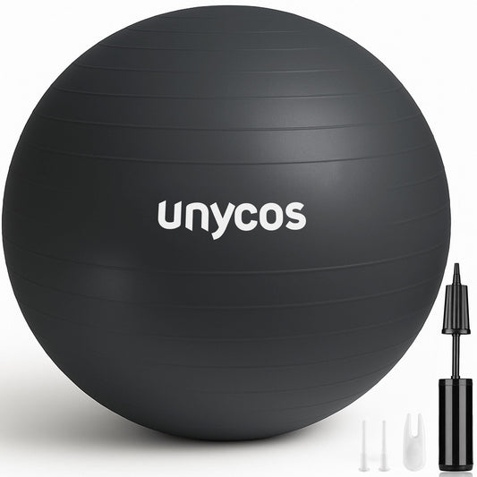 unycos - Exercise ball 65 cm stability ball training ball for yoga, fitness, medicine ball, balance ball, core training strength, Pilates ball | Incl. pump, BPA-free, anti-burst (grey with logo)