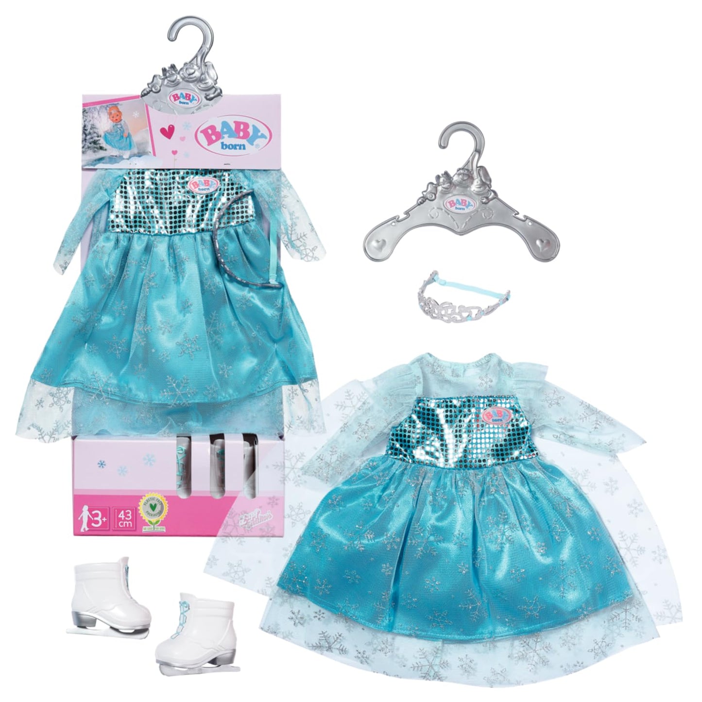 BABY Born & Ice Princess Set 43 cm - Blue doll dress for 43 cm dolls with silver tiara and doll ice skates, 832257, Zapf Creation