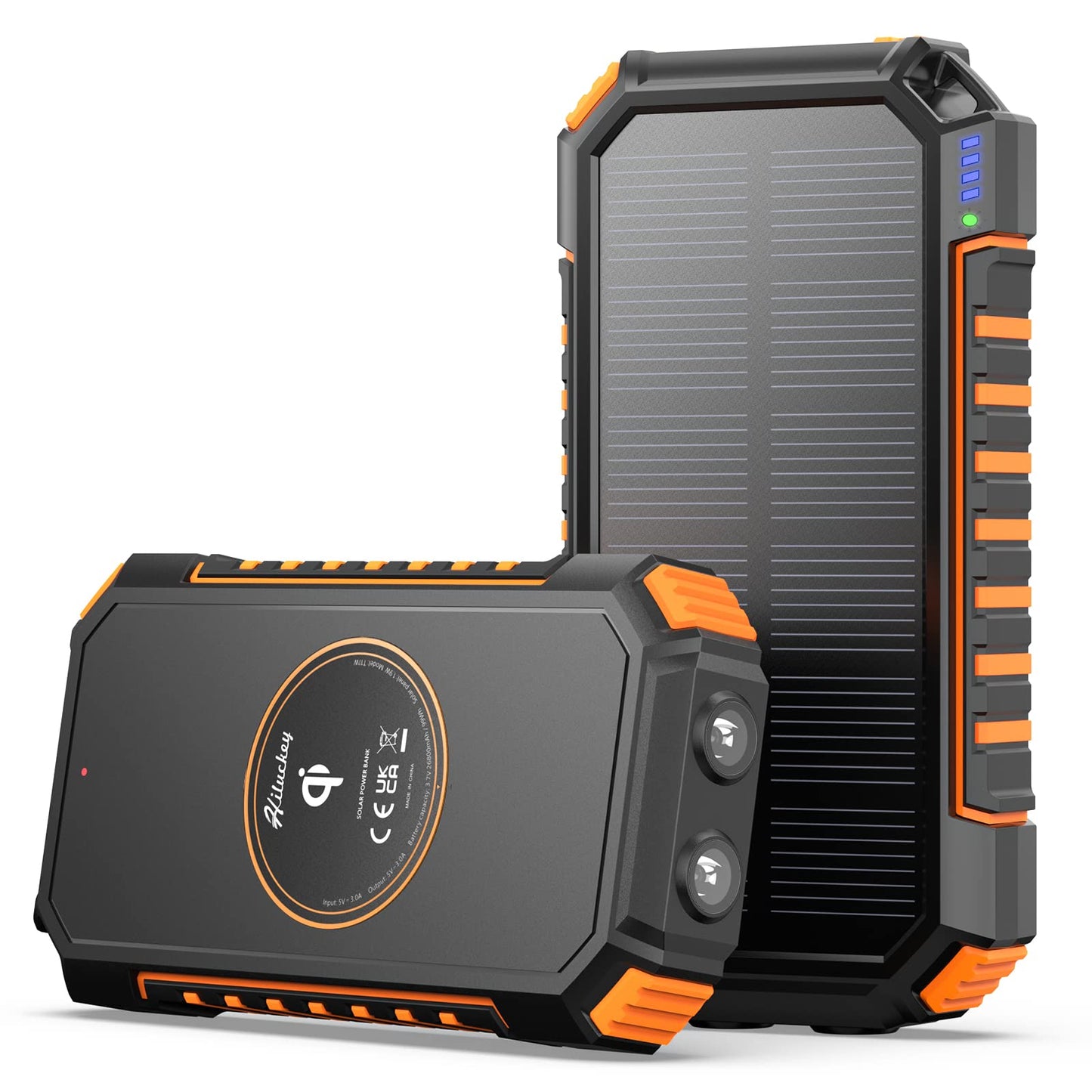 Hiluckey Wireless Solar Power Bank 26800mAh is a waterproof solar charger with USB C port and 4 outputs. It is perfect for charging smartphones, tablets, and more.