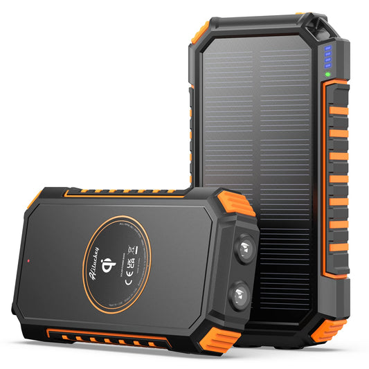 Hiluckey Wireless Solar Power Bank 26800mAh is a waterproof solar charger with USB C port and 4 outputs. It is perfect for charging smartphones, tablets, and more.