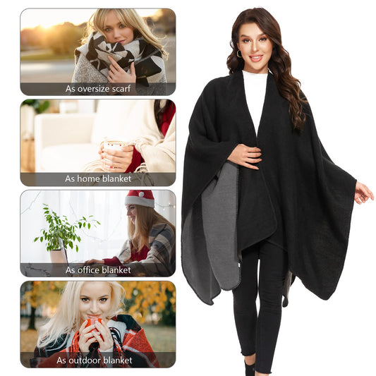 Colornival Women's Winter Poncho - Warm Elegant Blanket Cape Knitted Coat Scarf - Gift for Birthday Christmas (Black)