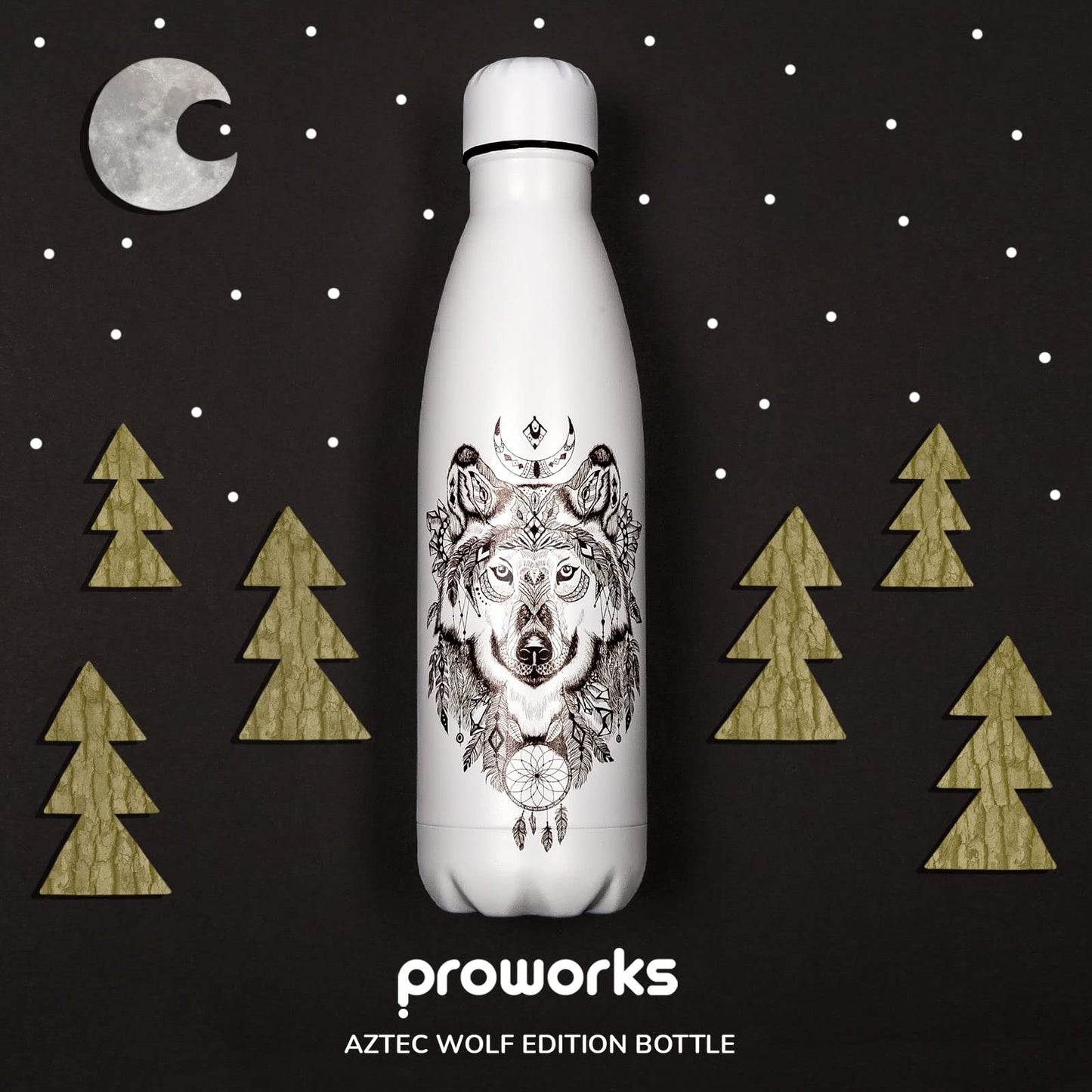 Proworks Stainless Steel Water Bottle | 24 Hrs Cold & 12 Hrs Hot - Vacuum Insulated Bottle for Sports, Running, Biking, Yoga, and Camping - 500ml - All White - Wolf Aztecs