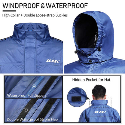 ILM Motorcycle Rain Suit Men Waterproof Rain Jacket Abrasion Resistant, 6 Pockets, 2-Piece Set with Jacket and Pants.