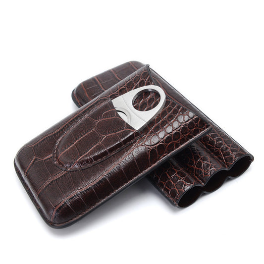 Cigar case, cigar set, leather cigar case, humidor cigars, travel humidor, 3 holder genuine leather cigar case with cigar cutter, perfect gifts for men (brown)