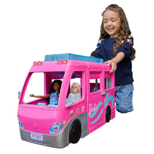Barbie Super Adventure Camper Vehicle, with 7 play areas, including pool and slide, 60 camping accessories, doll, gift, suitable for ages 3 and up, HCD46.