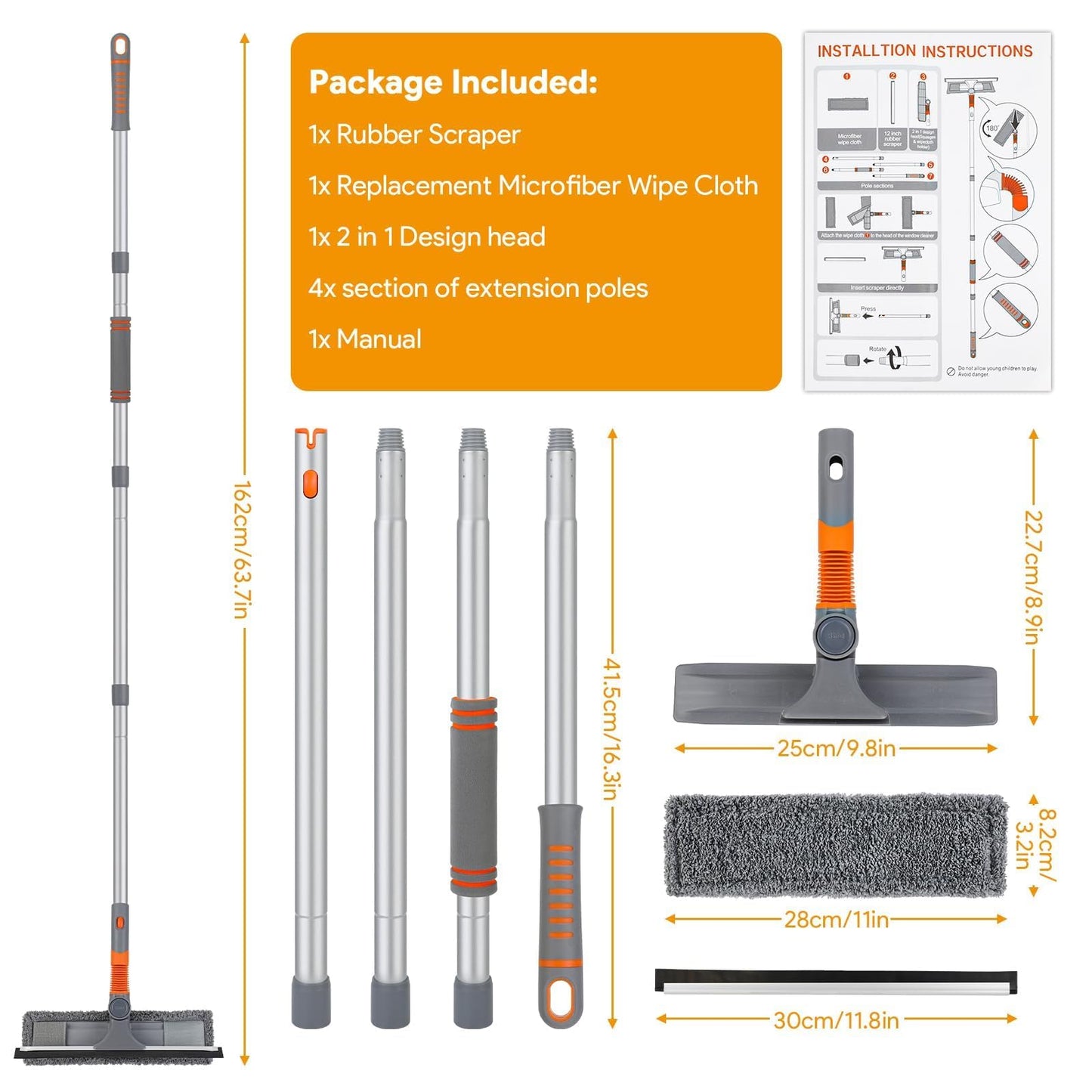 Window squeegee cleaner, 2-in-1 window cleaner cleaning set with extension pole, window washing tool with bendable head, glass cleaning tools for tall windows indoors and outdoors.