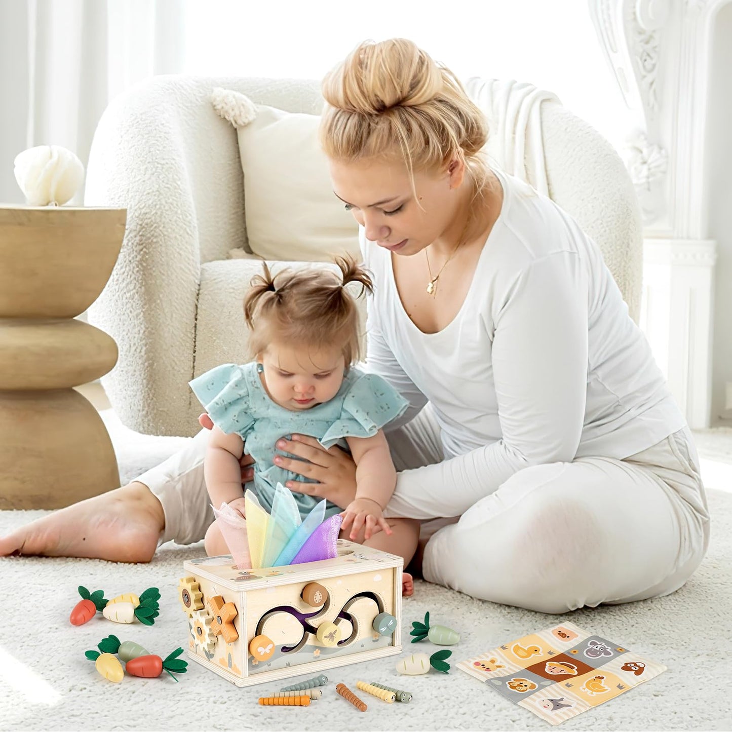 Vanplay Montessori toy for babies 12 months, 6 in 1 fabric box baby toy for 1 year olds, wooden motor skills toy for 1 2 3 year old girls and boys, gift for 1 year old child.