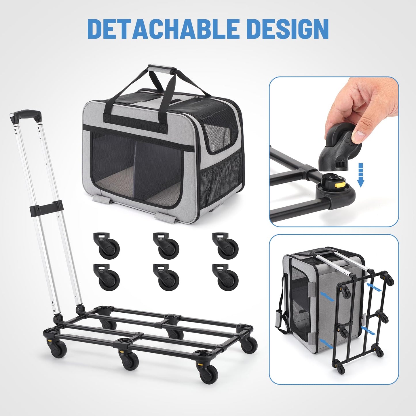 FASNATI Extra Large Cat Carrier for 2 cats up to 20kg, Foldable carriers for 2 cats with wheels, Large cat carrier for walks/camping, Grey.