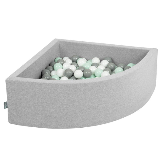 KiddyMoon Quarter Square Ball Pit Ball Pool 90X30cm/300 Balls ∅ 7cm Ball Pits for Babies Toddler Playpen, Made in the EU, Light Grey: White/Grey/Mint