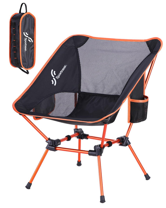 Sportneer folding camping chair is lightweight and portable, supporting up to 150kg. Compact and easy to carry with a carrying bag, perfect for picnics, outdoor activities, and hiking. Available in orange.
