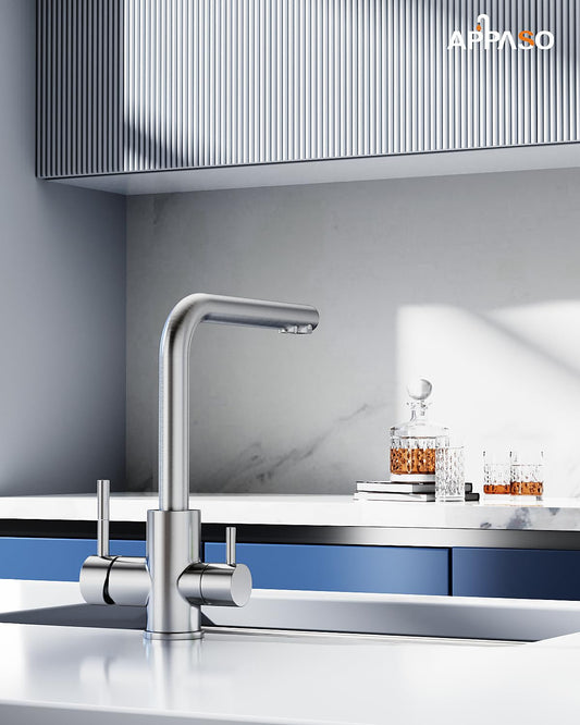 APPASO 3 Way Water Faucet, Kitchen Faucet 3 Way, 3 in 1 Kitchen Mixer Tap for Water Filter, Three Way Tap, Drinking Water Faucet with 2 handles, Stainless Steel Brushed Kitchen Sink Faucet.