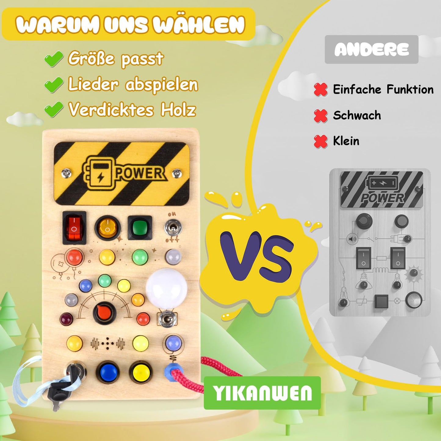 YIKANWEN Montessori Busy Board Toy for 1 2 3 Year olds, wooden toy with music and 10 LED light switch sensory learning toy for babies toddlers boys girls aged 1 2 3 4 years