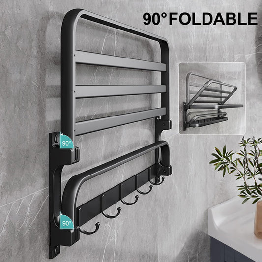 Towel holder without drilling in matte black, self-adhesive bathroom towel holder, wall-mounted towel holder with 5 towel hooks, bath towel holder, towel rack for bathroom kitchen, 58cm, aluminum.