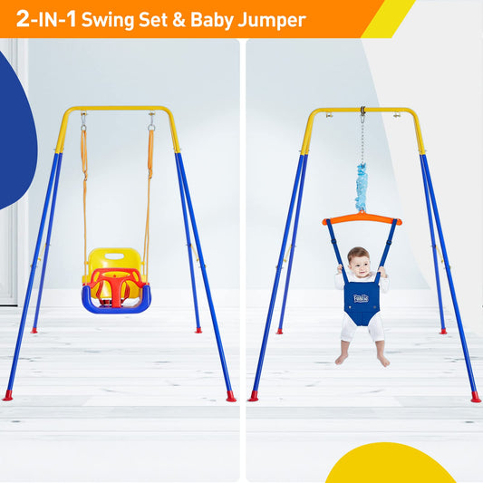 FUNLIO 2-in-1 Swing Set and Baby Door Jumper for toddlers, swing set for kids with 4 sandbags, foldable metal stand for indoor and outdoor use, easy to assemble and store.