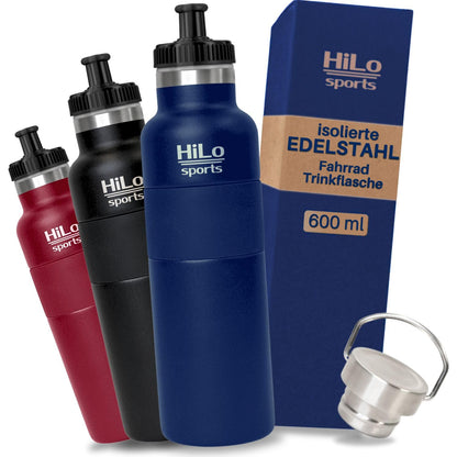 HiLo Sports 600ml insulated stainless steel bike bottle - Fits plastic bottle cages - [Powder coated stainless steel] - Bike water bottle with 2 lids - Thermal cycling bottle