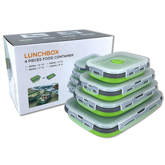 Collapsible silicone storage container with lid, portable bento box for space-saving, microwave-safe, 4-piece set, green.