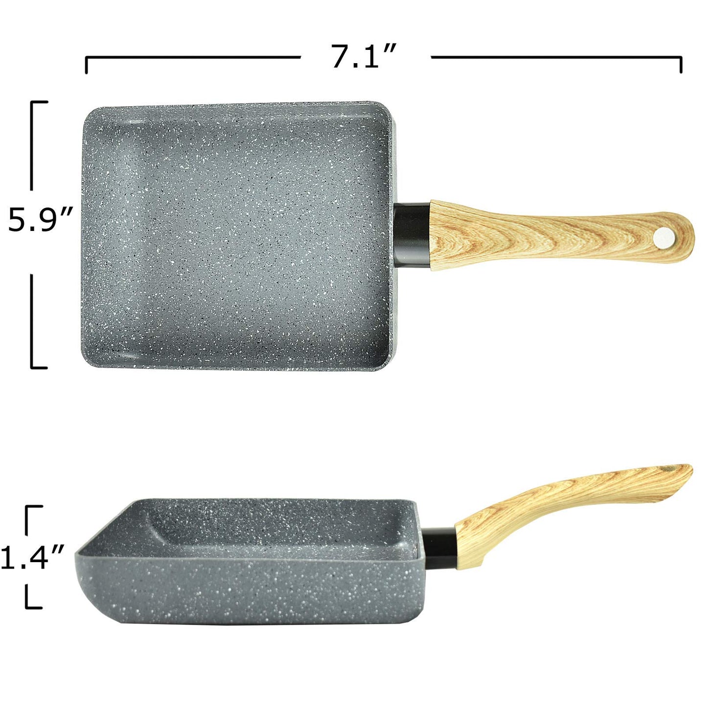 Artcome Japanese omelette pan with non-stick coating. Includes tamagoyaki plate, silicone spatula, and brush. Available in gray.