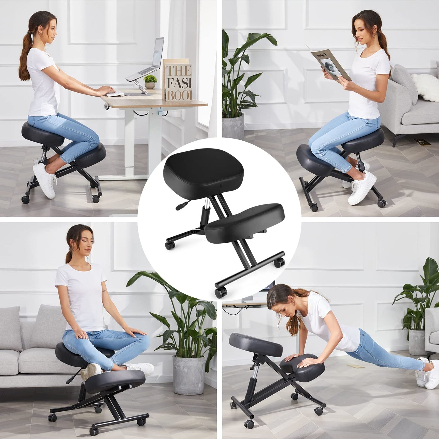 COOCHEER Knee Chair Ergonomic, Adjustable Chair for Office Home, PU Leather Office Stool with Knee Rest to Improve Posture, Desk Chair with Wheels, 3" Cushion