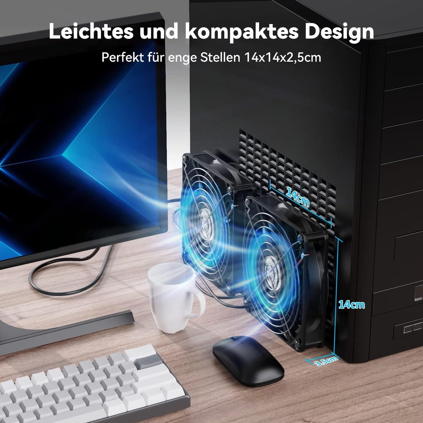 ELUTENG 2 in 1 USB fan 140mm 5V, double USB PC fan USB computer PC fan 140mm housing fan with 3 adjustable speeds for PS4/laptop/TV box/AV cabinet/router