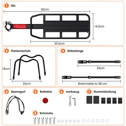 Bike rack 24-29 inch, Adjustable mountain bike luggage carrier, Universal lightweight aluminum alloy bicycle rack with a maximum load capacity of 100kg, Rear rack with reflector.