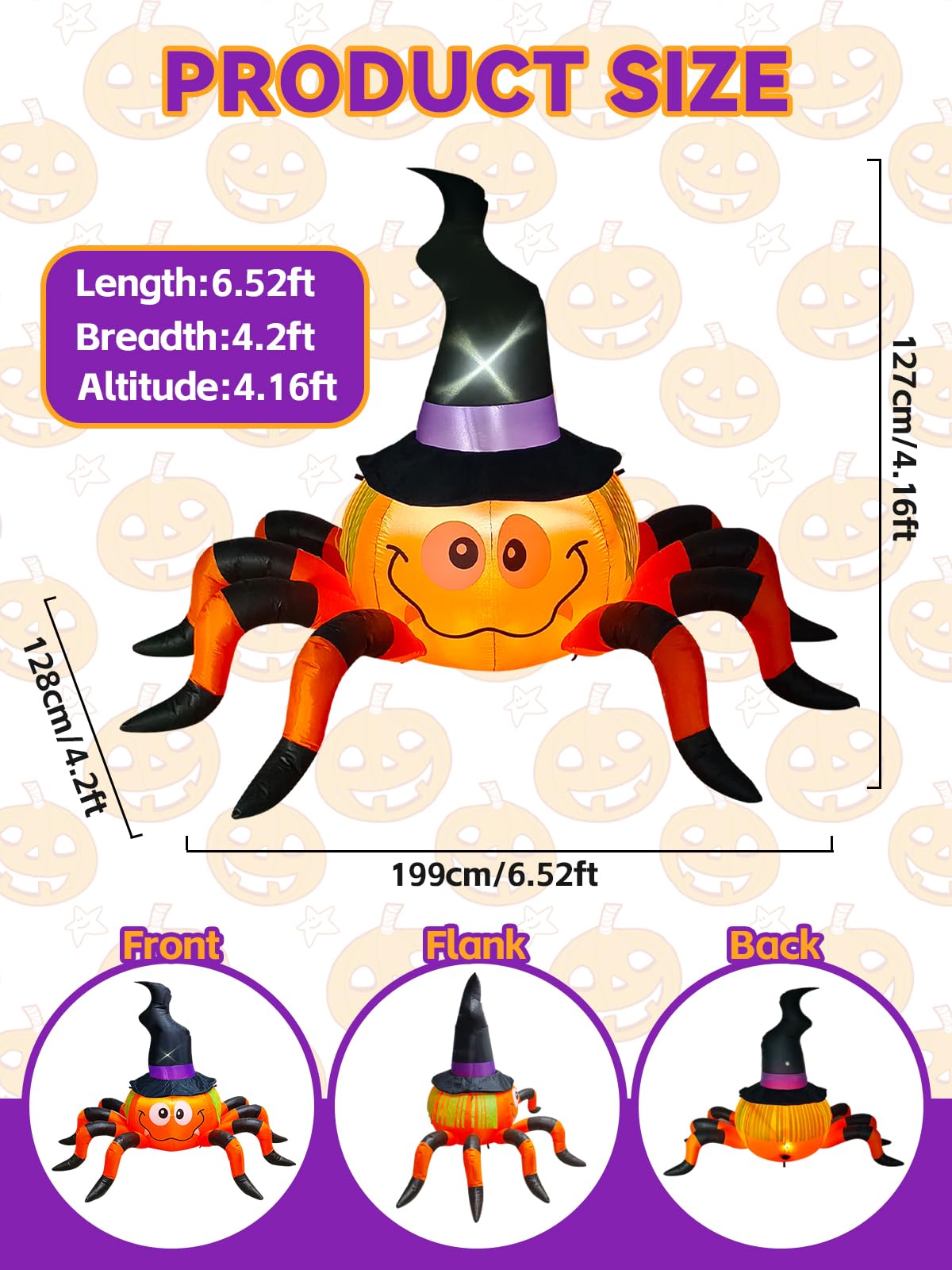 Kalolary 6.5FT Inflatable Pumpkin Spider with Witch Hat - Halloween decoration for indoor and outdoor use