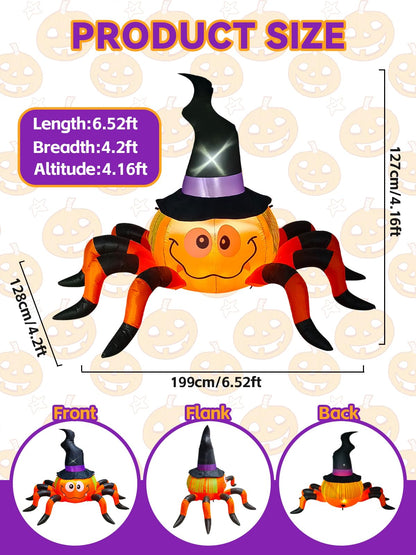 Kalolary 6.5FT Inflatable Pumpkin Spider with Witch Hat - Halloween decoration for indoor and outdoor use