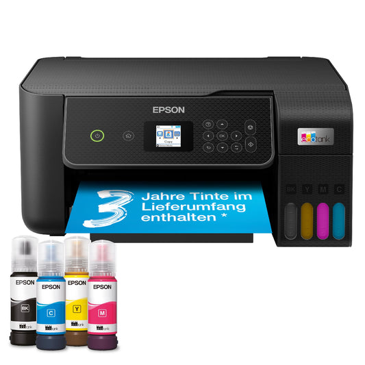 Epson EcoTank ET-2870 A4 multifunction Wi-Fi ink tank printer, with a supply of ink included that can last up to 3 years.