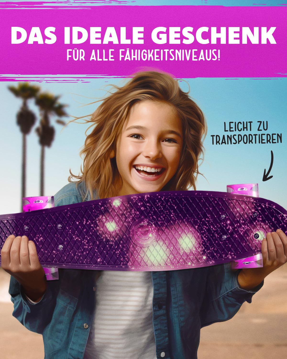 Deleven skateboard with LED wheels, skate tool, and ABEC 7 bearings - for kids, adults, beginners - 56 cm.