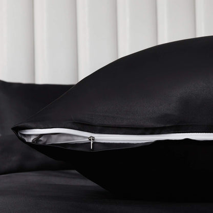 Boqingzhu Satin Bedding 220x240cm King Size Black Solid Glossy Silk Duvet Cover with Zipper and 2 Pillowcases 80x80cm